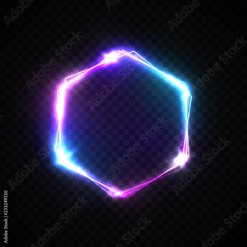 Hexagon background with neon lights on transparent backdrop. Shining hex logo design with light flash and sparkles. Color vector illustration in neon style.