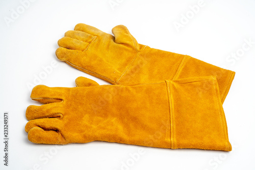 Long leather glove for welding industrial ,fire protection type ,isolated on white background.