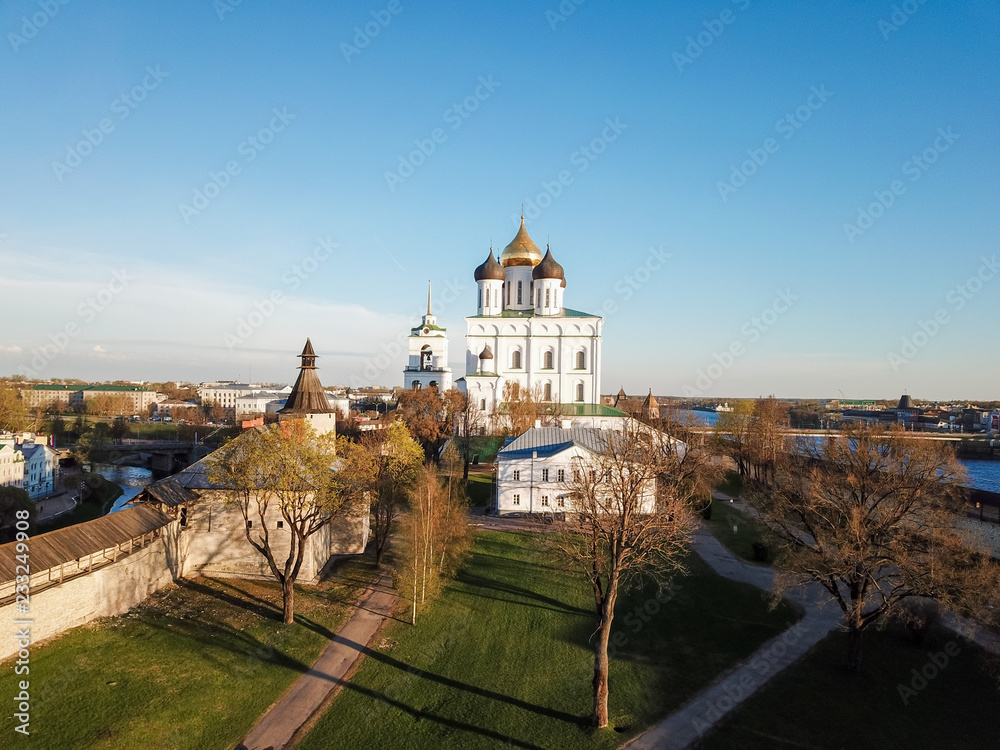 Kremlin in Pskov, Russia top view from drone