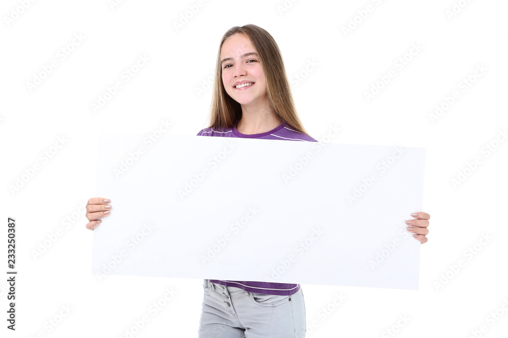 Young girl holding blank board on white background Young girl holding blank board on white background