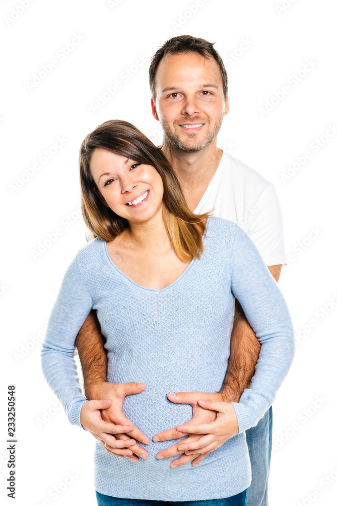A Pregnant woman with man on studio isolated on white A Pregnant woman with man on studio isolated on white