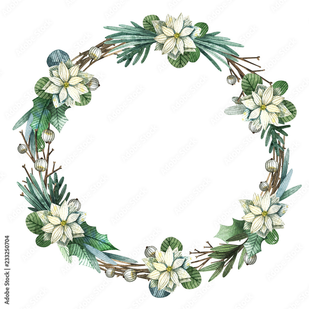 Watercolor Christmas wreath with flowers and berries