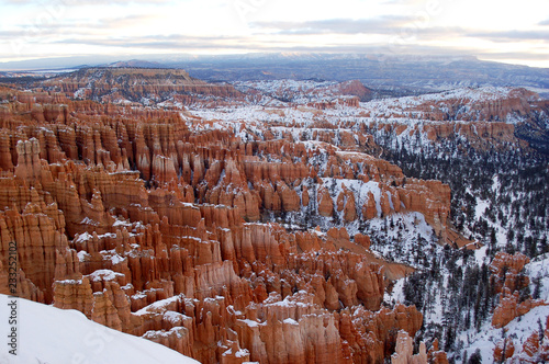 Dramatic landscape of Bryce Canyon National Park in Utah in winter with snow