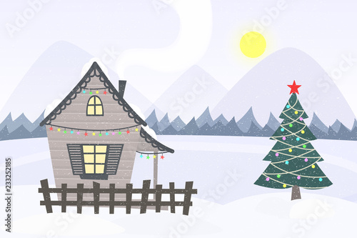 Winter landscape vector illustration. Small house decorated by christmas lights next to the christmas tree. Mountain and frozen lake background