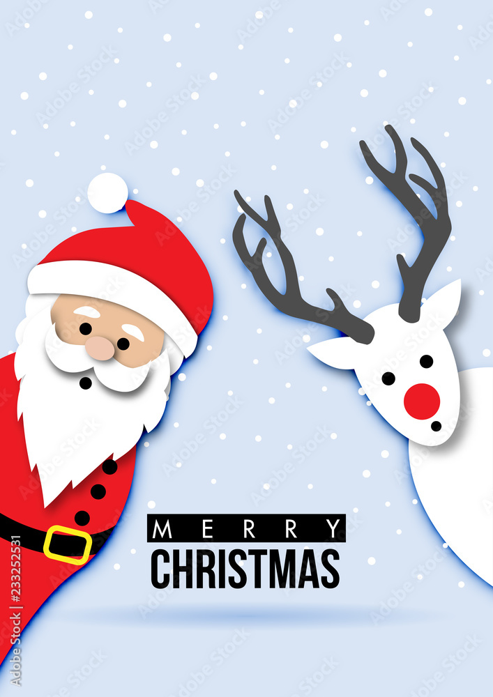 Φωτογραφία paper art of Christmas Festival Card with Santa Claus and white reindeer on Snow