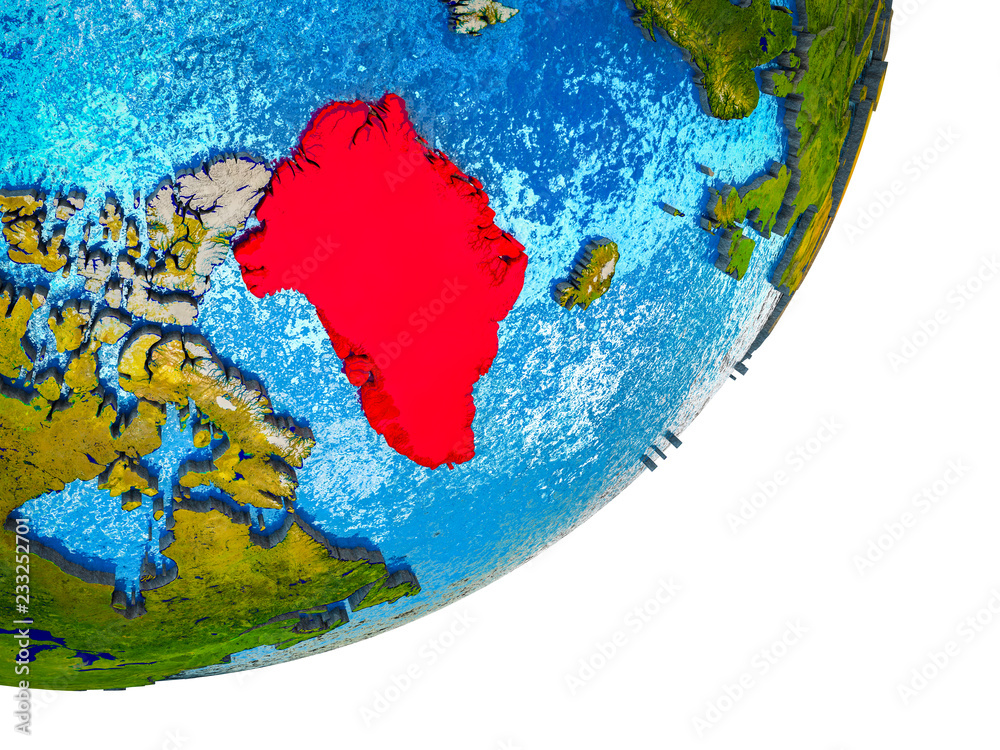 Greenland on 3D model of Earth with water and divided countries.