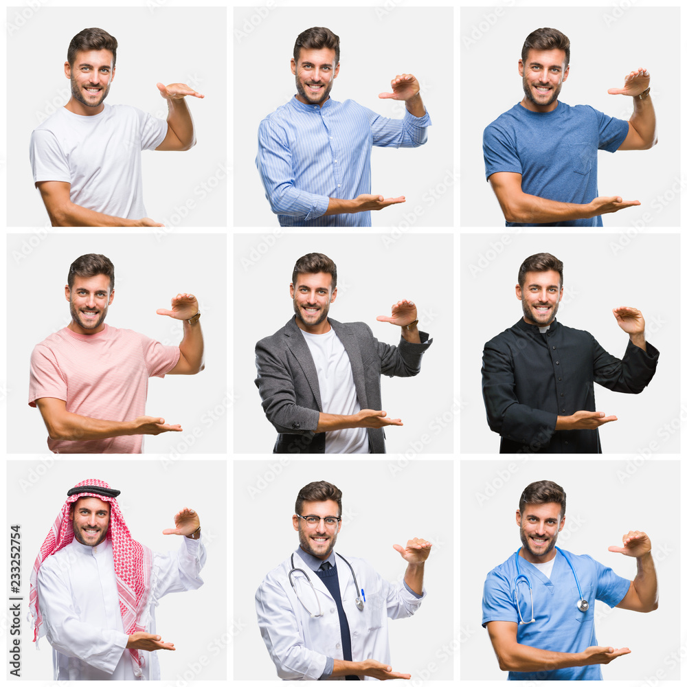Fototapeta premium Collage of young doctor arab business man isolated background gesturing with hands showing big and large size sign, measure symbol. Smiling looking at the camera. Measuring concept.