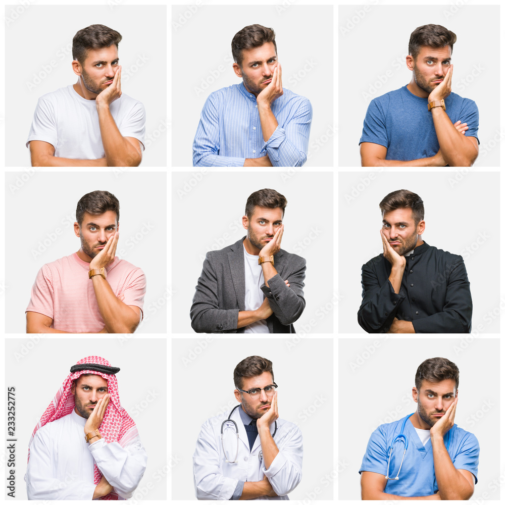 Fototapeta premium Collage of young doctor arab business man isolated background thinking looking tired and bored with depression problems with crossed arms.