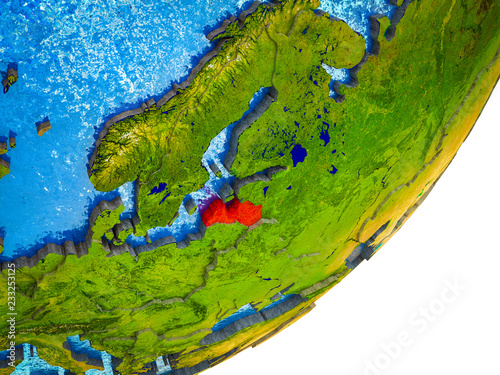 Latvia on 3D model of Earth with water and divided countries.