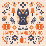 Vector Happy Thanksgiving card with cute owl, berries, pumpkins and acorns in Scandinavian style on blush pink background with hand made text greeting. Modern folk art card in square format.