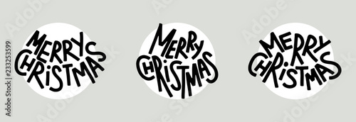 Christmas and new year lettering. Greeting card, poster or flyer hand drawn design. Funny holiday decoration for printing or digital use. Set of three different hand lettering stickers