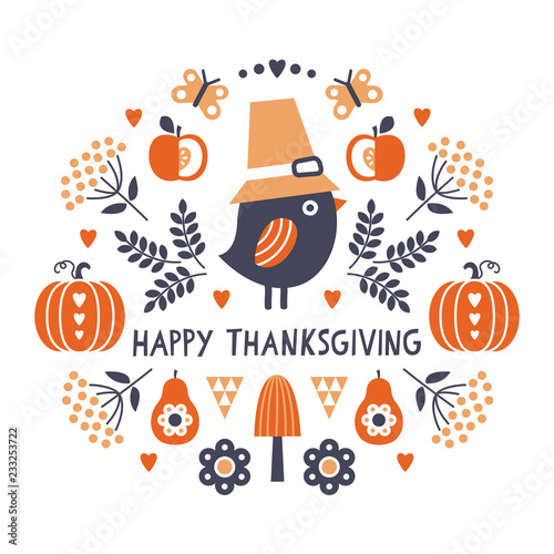 Vector Happy Thanksgiving card with cute bird in Pilgrim hat and pumpkins in Scandinavian style with hand made text greeting - Happy Thanksgiving. Modern folk art card in square format.