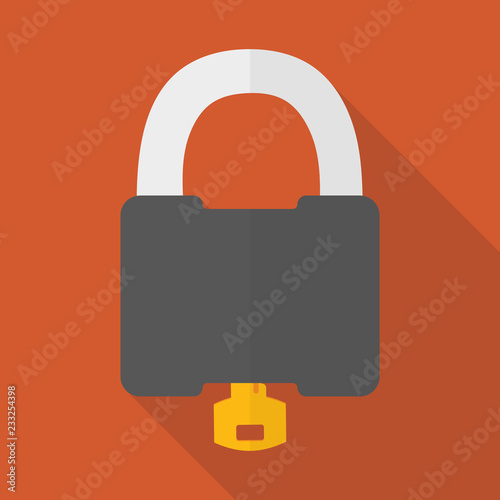 The image of the padlock from which the key sticks out. Flat design