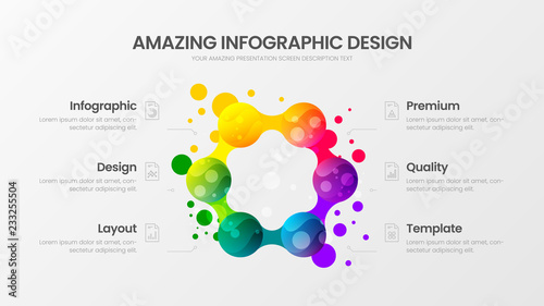 Premium quality 6 option marketing analytics presentation vector illustration template. Creative business data visualization design layout. Amazing colorful fresh organic statistics infographic report