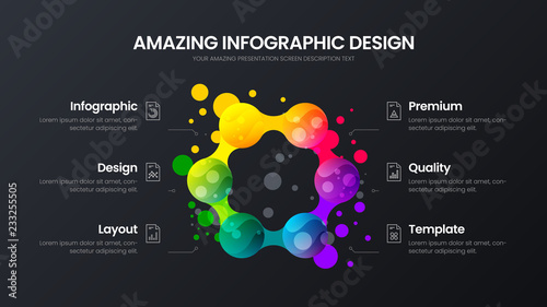 Premium quality 6 option marketing analytics presentation vector illustration template. Creative business data visualization design layout. Amazing colorful fresh organic statistics infographic report