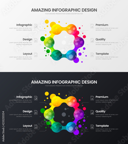 Premium 6 option marketing analytics presentation vector illustration template set. Creative business data visualization design layout. Amazing colorful organic statistics infographic report bundle.