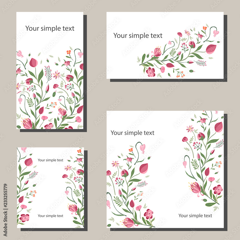 Floral spring templates with flowers. For romantic and easter spring design, announcements, greeting cards, posters, advertisement.