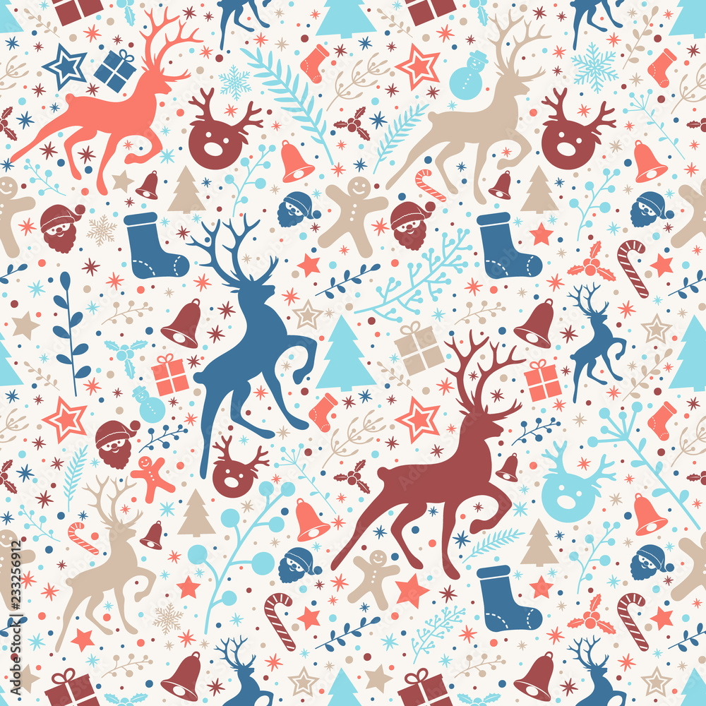 Christmas wallpaper with ornaments - seamless pattern. Vector.