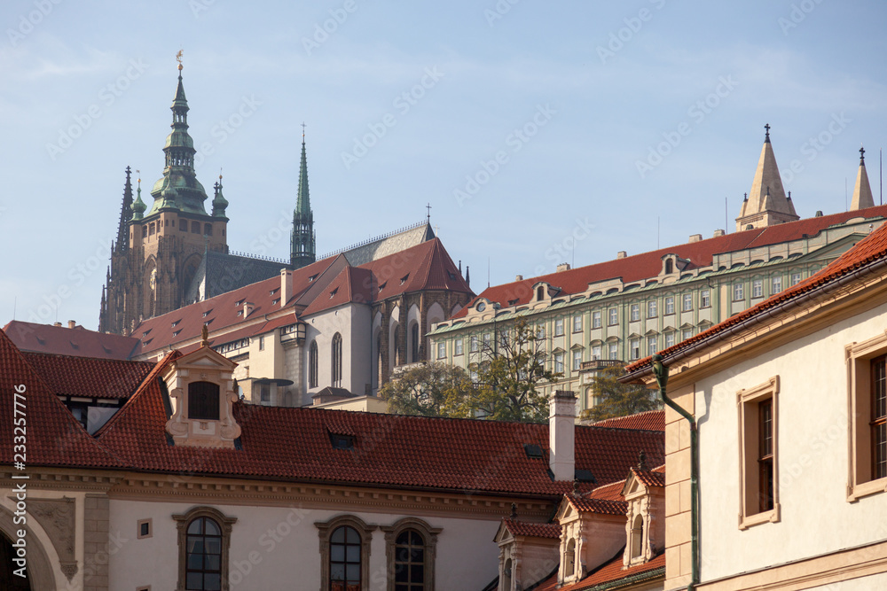 PRAGUE, CZECH REPUBLIC - OCTOBER 09, 2018: Beautiful views of the Wallenstein Gardens Park. View of Prague Castle and St. Vitus Cathedral. 