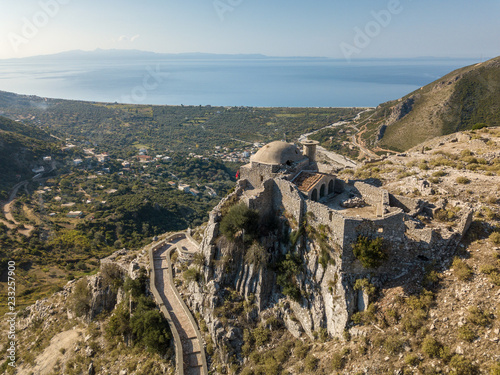 Beautiful view of Borsh Castle in Himara, Albania with the Albanian Riviera in the background