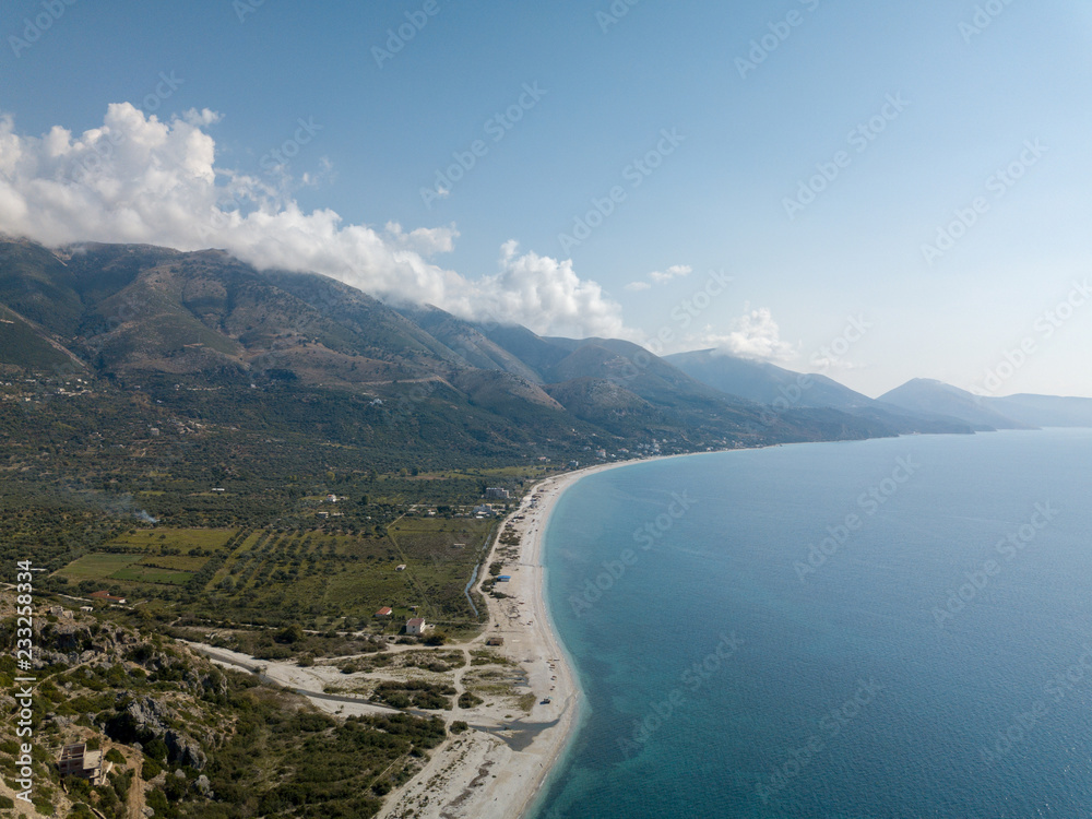 Aerial view of Qeparo beach in Albanian Riviera in autumn Aerial view of Qeparo beach in Albanian Riviera in autumn