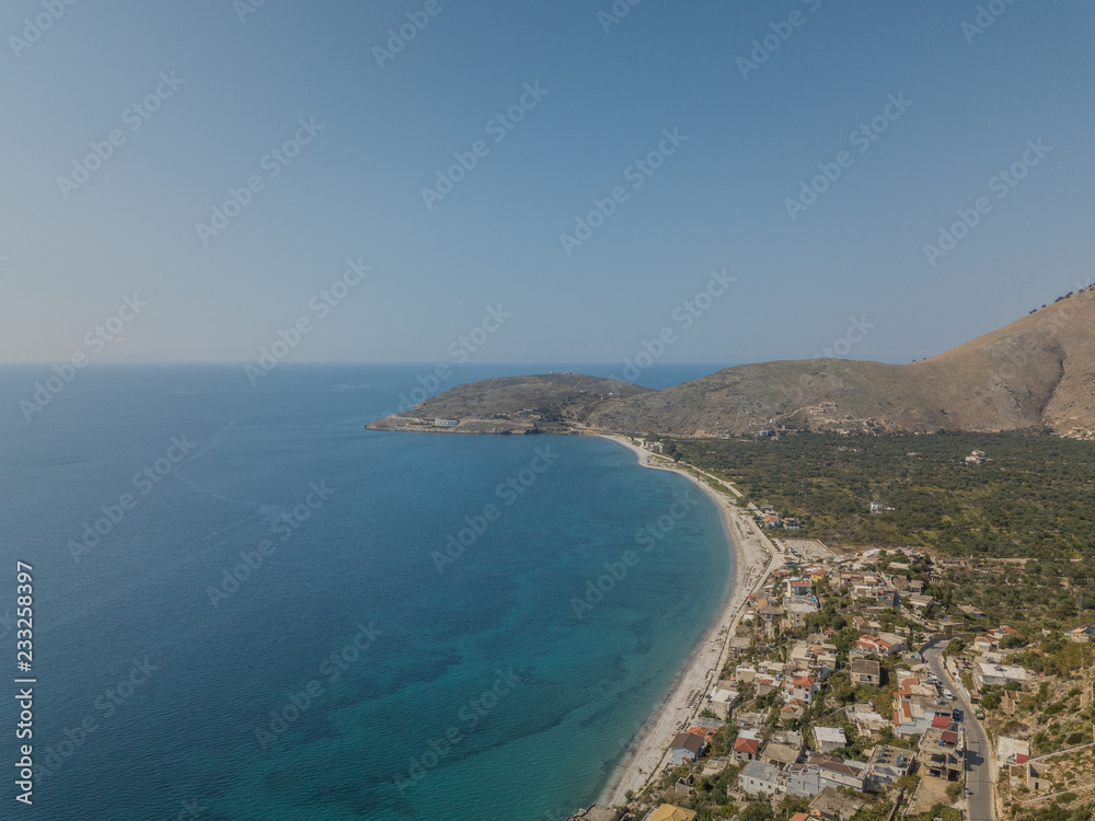 Aerial view of Qeparo beach in Himare, Albania (Albanian Riviera)