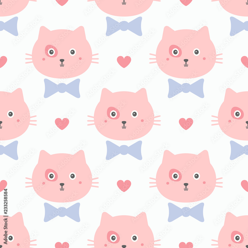 Repeated faces of cute cats with bows and hearts. Girly seamless pattern. Endless print with kittens. Repeated faces of cute cats with bows and hearts. Girly seamless pattern. Endless print with kittens.