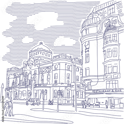 Stockholm. Royal Dramatic Theater. Sketch. Old town view. Vector line style illustration. Suitable for packaging.