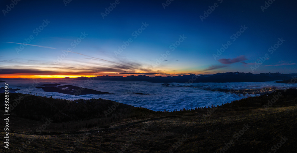 Wonderful Mountain Sunrise Landscape Panorama View From Gerlitzen To Villach In Carinthia Austria 