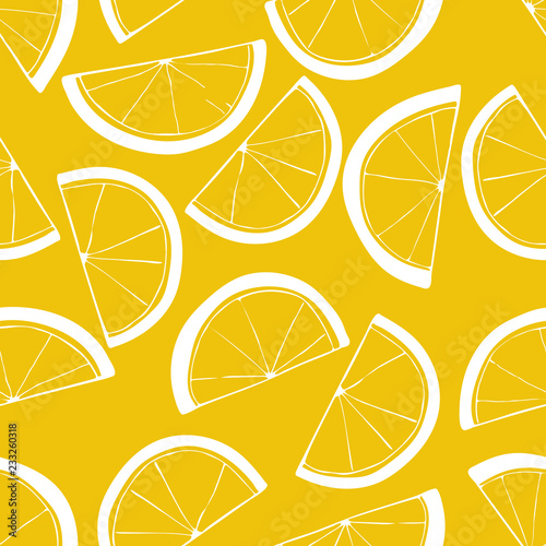 Seamless pattern with slices of lemons. Citrus background. White linear drawing on yellow backdrop.