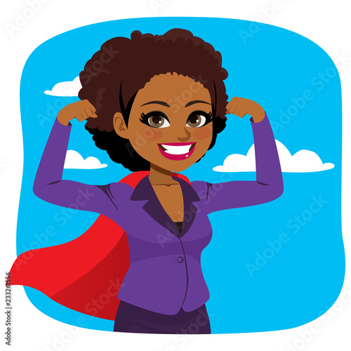 Beautiful young African American super powerful business woman flexing arms showing her strong muscles empowerment concept