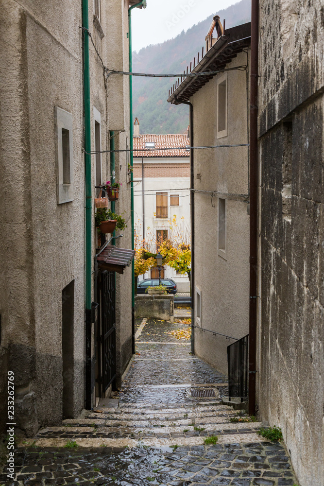 Fototapeta premium Take to the center of the village, Villetta Barrea, Abruzzo, Italy. October 13, 2017