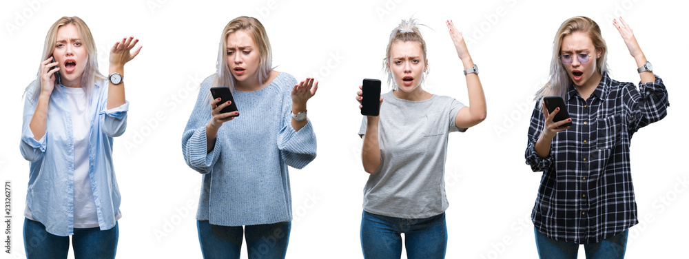 Collage of beautiful blonde young woman using smartphone over isolated background annoyed and frustrated shouting with anger, crazy and yelling with raised hand, anger concept