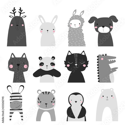 Black and white set of cute animals. Childish graphic. Vector hand drawn illustration.