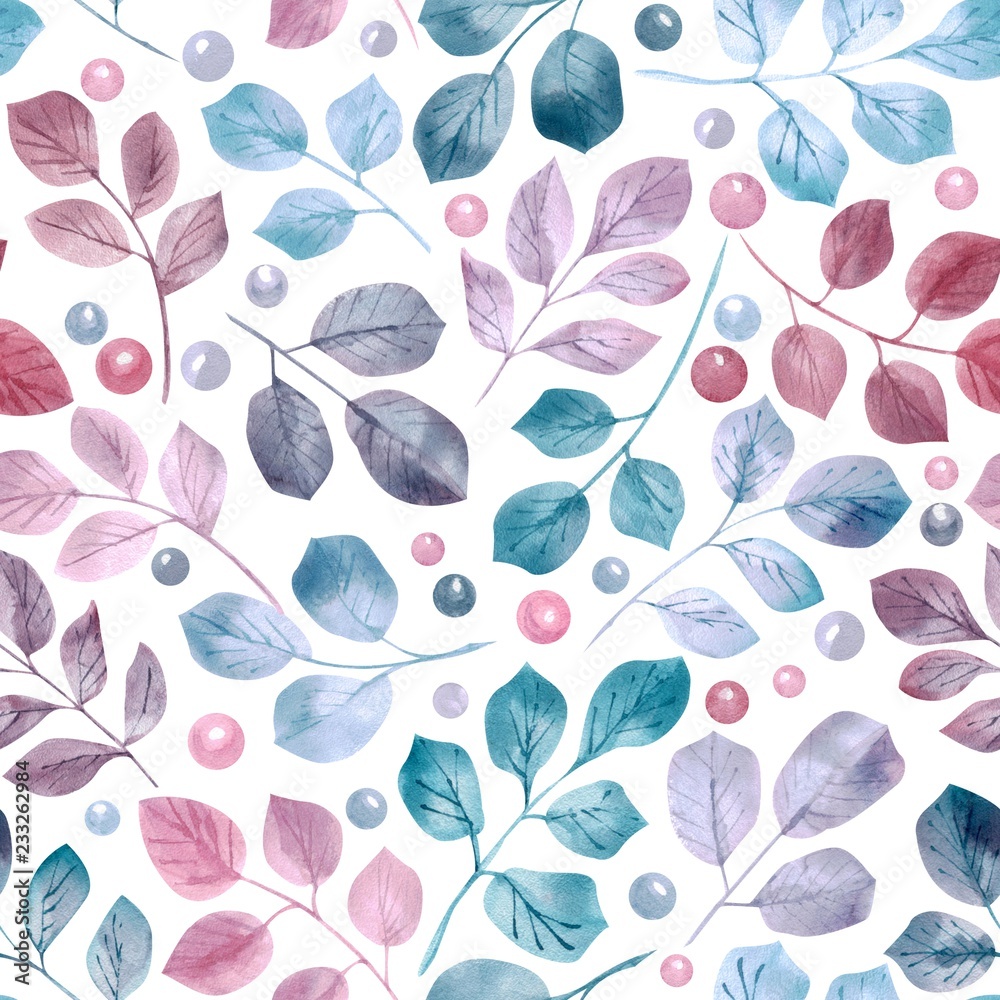 Fototapeta premium Seamless pattern with watercolor green, blue and pink leaves, berries and branches on pink background, hand drawn image. The background is perfect for fabric, paper, etc.