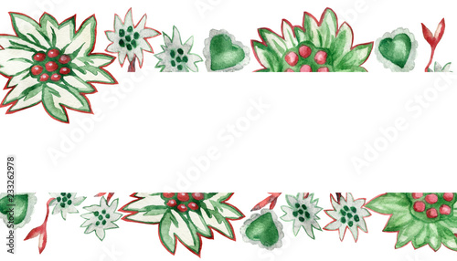Watercolor banner of Scandinavian patterns with green hearts on white background for beautiful design photo