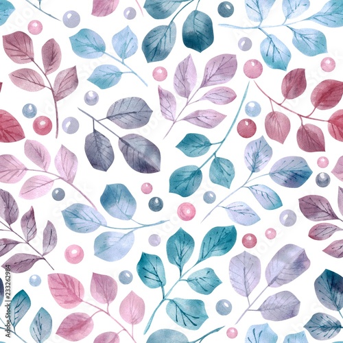 Seamless pattern with watercolor green, blue and pink leaves, berries and branches on pink background, hand drawn image. The background is perfect for fabric, paper, etc.