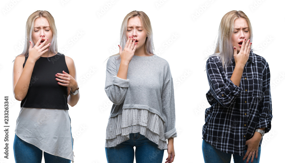 Obraz premium Collage of beautiful blonde young woman over isolated background bored yawning tired covering mouth with hand. Restless and sleepiness.