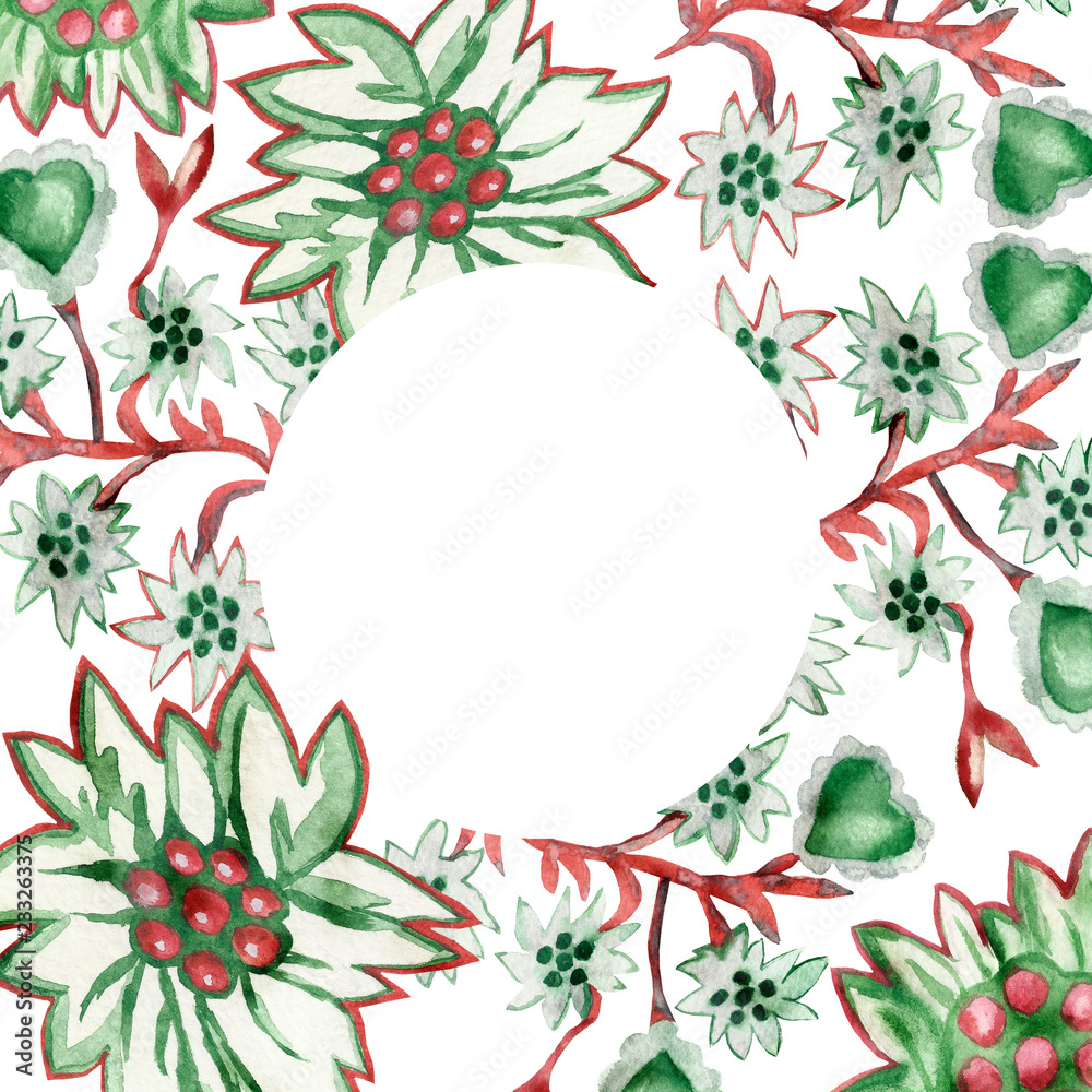 Fototapeta premium Watercolor round frame of Scandinavian patterns with green hearts on white background for beautiful design