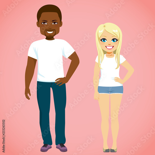 Young people standing with white blank empty template shirt on pink background