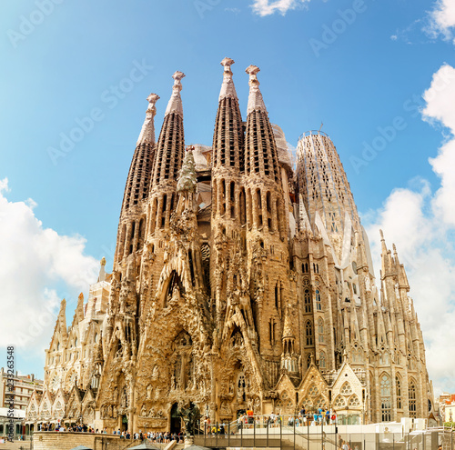 BARCELONA, SPAIN - 11 JULY 2018: Sagrada Familia Cathedral. It is main landmark of Barcelona and designed by architect Antonio Gaudi, being build since 1882 photo