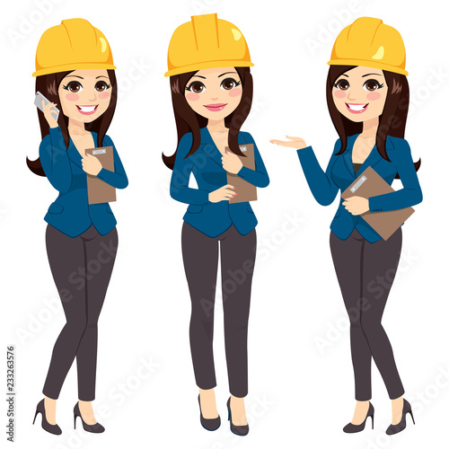 Beautiful arquitect woman on three different pose wearing yellow helmet