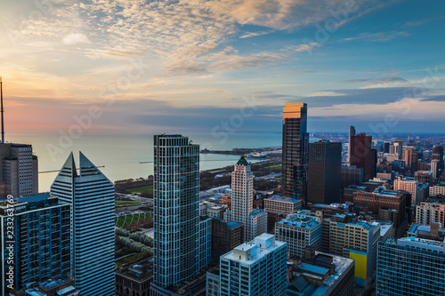 Aerial view looking at the south shore of Chicago Illinois with beautiful clouds in the sky during the morning sunrise