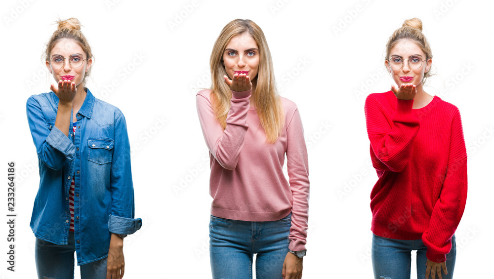 Collage of young beautiful blonde woman over isolated background looking at the camera blowing a kiss with hand on air being lovely and sexy. Love expression. Collage of young beautiful blonde woman over isolated background looking at the camera blowing a kiss with hand on air being lovely and sexy. Love expression.