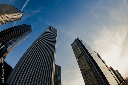 Looking up at towering skyscrapers in downtown Chicago Illinois as the sun rises on a summer morning