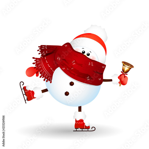 Christmas, cute, funny snowman ice skating with gold jingle bell isolated on white background. snowman for winter and new year holidays. Happy snowman skates cartoon character.