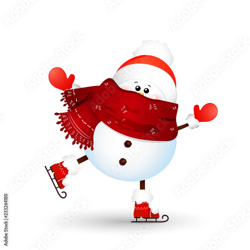 Christmas, cute, funny snowman ice skating isolated on white background. snowman for winter and new year holidays. Happy snowman skates cartoon character.