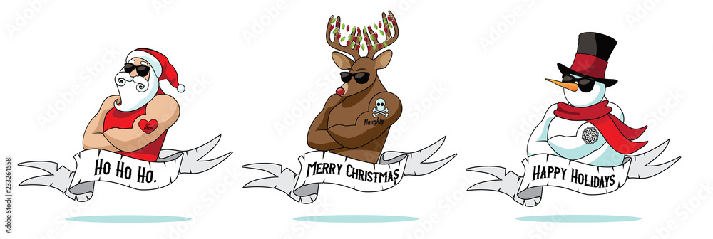 Obraz premium Cartoon Christmas tattoo collection with Santa Claus, reindeer and snowman with naughty and nice tattoos. Eps10 vector illustration.