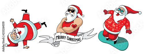 Cartoon Santa Claus collection with break dancing Santa, muscle man with naughty and nice tattoos and snowboarding Saint Nick. Eps10 vector illustration.