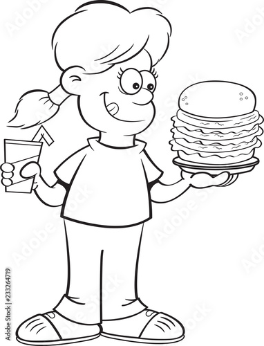 Black and white illustration of a girl holding a large hamburger and a drink.